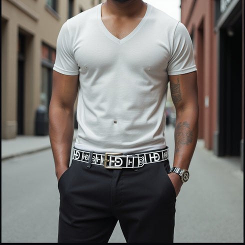 HEED NYC Classic Black & White Genuine Leather "HD" Embossed Belt